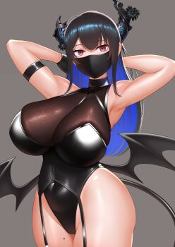 Rule 34 | 1girl, alternate costume, asymmetrical horns, bare shoulders, black gloves, black hair, black horns, black leotard, black tail, black wings, blue hair, blush, bow, breasts, cipher4109, cleavage, colored inner hair, commentary, covered navel, demon girl, demon horns, demon tail, demon wings, detached collar, english commentary, full body, gloves, hair ornament, high heels, highres, hololive, hololive english, horns, large breasts, leotard, long hair, looking at viewer, mask, mole, mole under eye, mouth mask, multicolored hair, nerissa ravencroft, red eyes, shoes, simple background, single glove, smile, solo, strapless, strapless leotard, tail, tassel, tassel hair ornament, thick thighs, thighhighs, thighs, two-tone hair, uneven horns, very long hair, virtual youtuber, wings