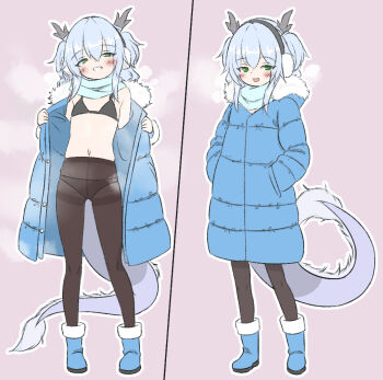 Rule 34 | 1girl, azur lane, black bra, black panties, black pantyhose, blue boots, blue coat, blue hair, blue shoes, blush, boots, bra, coat, dragon girl, dragon horns, dragon tail, earmuffs, flashing, flat chest, fur-trimmed coat, fur trim, geneakarin, green eyes, grin, hands in pockets, heart, heart-shaped pupils, horns, lung wu (azur lane), navel, open clothes, open coat, panties, panties under pantyhose, pantyhose, petite, shoes, smile, solo, stomach, symbol-shaped pupils, tail, textless version, underwear, winter clothes, winter coat