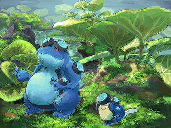 closed_mouth commentary_request doneko_(dneko0123) evolutionary_line fern full_body gen_5_pokemon grass highres nintendo no_humans outdoors palpitoad plant pokemon pokemon_(creature) pokemon_focus rock seismitoad smile water