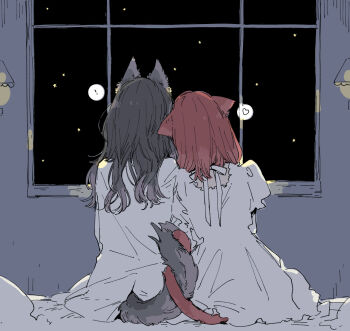 ! 2girls animal_ears black_hair dress heart highres kakmxxxny06 kono_koi_wo_hoshi_ni_wa_negawanai kousaka_fuyuki multiple_girls night red_hair shirai_eri sitting spoken_exclamation_mark spoken_heart star_(sky) tail white_dress window