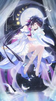 1girl absurdres bare_shoulders black_hair blunt_bangs blunt_ends blunt_tresses closed_eyes closed_mouth coat colored_inner_hair columbina_(genshin_impact) commentary creature curtains dress eye_mask falling_feathers feathers floating fractalmagnolia full_body full_moon genshin_impact hair_intakes hair_ornament hair_ribbon hair_tubes highres holding holding_creature leg_ribbon long_hair luonnotar_(genshin_impact) mask moon multicolored_hair musical_staff off-shoulder_coat off_shoulder purple_hair ribbon sitting smile streaked_hair toes tress_ribbon very_long_hair white_coat white_dress white_feathers white_mask white_ribbon wing_hair_ornament wrist_ribbon