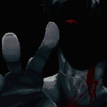 1boy 9aaaalt29 bleeding blood blue_hair blue_shirt colored_sclera dark dead_plate gloves highres horror_(theme) looking_at_viewer male_focus portrait red_sclera shaded_face shirt solo vincent_charbonneau