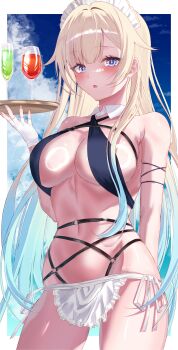 Rule 34 | 1girl, absurdres, aizawa ema, alternate costume, apron, bikini, blonde hair, breasts, cleavage, highres, kaeha, large breasts, maid apron, micro bikini, swimsuit, virtual youtuber, vspo!, waitress
