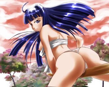 aoyama_motoko arched_back ass back black_hair blue_eyes bokken chest_wrap cloud crotch_rub forest gravity_work_x grinding looking_back love_hina nature nipple_slip nipples panties purple_eyes sarashi sword underwear weapon wooden_sword
