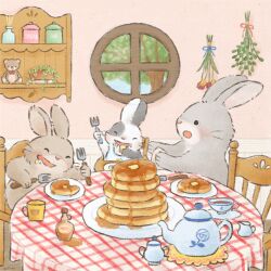 Rule 34 | absurdres, animal focus, baby, bib, butter, closed eyes, cup, dining room, eating, eving, food, fork, highres, holding, holding fork, maple syrup, napkin, no humans, open mouth, original, pancake, pancake stack, plate, rabbit, round window, sugar (food), tablecloth, teacup, teapot, window