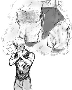 abs aged_up alternate_body_hair alternate_body_size armpit_hair back bakugou_katsuki body_freckles boku_no_hero_academia chest_hair closed_eyes english_text freckles greyscale hairy hands_on_own_face male_focus midoriya_izuku monochrome muscular muscular_male navel_hair nipples pants pectorals short_hair spacenipnops speech_bubble spiked_hair tank_top thought_bubble topless_male track_pants yaoi