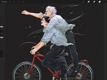 arm_up art_program_in_frame bicycle black_hair blush closed_eyes djuney9 bad_tag getou_suguru gojou_satoru highres hug jujutsu_kaisen open_mouth riding riding_bicycle shirt short_hair smile sunglasses white_hair white_shirt wind yaoi