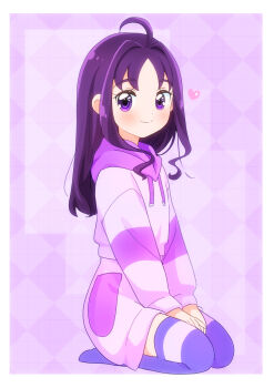 Rule 34 | 1girl, ahoge, blush, closed mouth, commentary request, hair intakes, highres, hood, hoodie, kimi to idol precure, kyanos (b 0000ff), long sleeves, medium hair, precure, purple eyes, purple hair, purple hoodie, purple skirt, purple thighhighs, seiza, shigure kokoro, sitting, skirt, solo, thighhighs