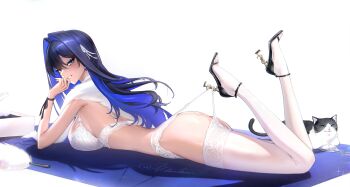 1girl absurdres alternate_costume ass black_hair black_sandals blue_eyes blue_hair blush box bra breasts cat choker colored_inner_hair commentary earrings feather_boa feathers feet_up garter_straps glint hair_between_eyes hair_intakes hair_ornament high_heel_sandals high_heels highres hololive hololive_english hooked_on_heel jewelry lace lace-trimmed_bra lace-trimmed_thighhighs lace_garter_belt lace_pantyhose_hooked_on_heel_(meme) lace_trim lingerie lips long_hair looking_at_viewer lying mat meme multicolored_hair on_stomach ouro_kronii ribbon sandals sideboob signature simple_background smile solo strappy_heels teeth the_pose thighhighs turning_head underwear underwear_only vilkichan virtual_youtuber white_background white_bra white_choker white_thighhighs wrist_ribbon