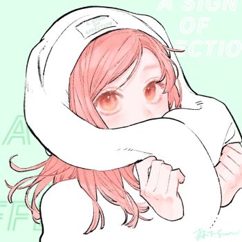 1girl commentary_request copyright_name covering_own_mouth english_text eyelashes gradient_background green_background hair_over_shoulder hands_up holding holding_towel itose_yuki long_hair looking_at_viewer morisita_suu official_art parted_bangs pink_eyes pink_hair portrait solo text_background towel yubisaki_to_renren