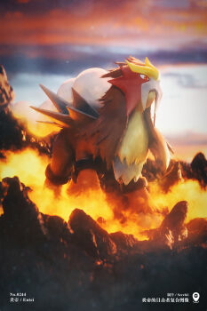 3d absurdres all_fours blurry blurry_background brown_fur character_name cinema_4d_(medium) closed_mouth cloud cloudy_sky commentary entei from_side full_body gen_2_pokemon highres lava legendary_pokemon nintendo no_humans outdoors pokemon pokemon_(creature) pokemon_focus red_eyes serebii_(artist) sky solo volcano