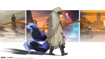 1boy abisi_(xinyue_tongxing) absurdres black_boots black_fur black_pants boots building copyright_name copyright_notice extra_tails from_side full_body furry furry_male grey_robe highres hood hood_up logo official_art official_wallpaper pants profile robe shadow solo statue tape_measure walking white_background wolf_boy xinyue_tongxing