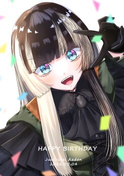 Rule 34 | 1girl, absurdres, aegyo sal, black dress, black gloves, black hair, blue eyes, blush, commentary, confetti, dated, dress, fang, gloves, grey hair, happy birthday, highres, hololive, hololive dev is, juufuutei raden, juufuutei raden (1st costume), long hair, long sleeves, looking at viewer, multicolored hair, open mouth, solo, suzuka (suzukawu), teeth, two-tone hair, upper body, upper teeth only, v