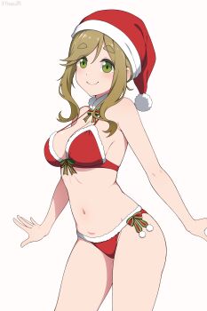 1girl absurdres arms_at_sides bikini bow bow_bikini breasts brown_hair closed_mouth commentary_request cowboy_shot fur-trimmed_bikini fur_trim green_eyes hat highres inuyama_aoi large_breasts long_sidelocks navel red_bikini santa_bikini santa_costume santa_hat short_eyebrows sidelocks simple_background smile solo standing stomach swimsuit twitter_username white_background yisusjpl yurucamp