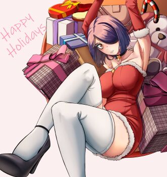 1girl absurdres armpits arms_up black_choker black_shoes box breasts candy candy_cane choker commentary cross cross_choker detached_sleeves dilan_griz dress english_commentary eyebrow_piercing face_piercing food foot_out_of_frame fur-trimmed_dress fur-trimmed_sleeves fur_trim gift gift_box hair_over_one_eye high_heels highres labret_piercing large_breasts looking_at_viewer nose_piercing one_eye_covered orange_eyes original parted_bangs parted_lips piercing purple_hair queen_(dilan_griz) red_dress santa_costume santa_dress shoes short_hair solo stuffed_animal stuffed_toy teddy_bear thighhighs white_background white_thighhighs