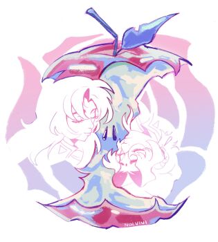 2girls apple bindi bitten_apple closed_eyes commentary english_commentary food food_bite fruit glasses highres himemiya_anthy leaf multiple_girls nolvini rondo-revolution rotational_symmetry round_eyewear seed shoujo_kakumei_utena signature tenjou_utena