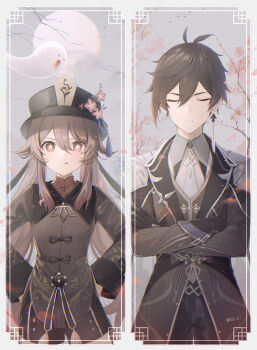 >_< 1boy 1girl 6u_(eternal_land) :p black_hair black_headwear black_pants black_shorts branch brown_hair chinese_clothes closed_eyes coat collared_coat collared_shirt commentary_request cowboy_shot crossed_arms earrings eyeliner eyeshadow falling_petals flower flower-shaped_pupils formal_clothes full_moon genshin_impact ghost gloves gradient_hair hair_between_eyes hands_on_own_hips hat hat_flower hat_ornament highres hu_tao_(genshin_impact) jacket jewelry long_hair long_sleeves looking_at_viewer low_ponytail makeup moon multicolored_hair necktie open_mouth pants petals plum_blossoms ponytail porkpie_hat red_eyes red_eyeshadow red_shirt shirt shorts single_earring sky smile split_screen star-shaped_pupils star_(symbol) suit symbol-shaped_pupils tailcoat tassel tassel_earrings tongue tongue_out top_hat tree twintails upper_body vest zhongli_(genshin_impact)