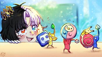 &gt;_&lt; 1girl :d black_hair blue_eyes blue_pikmin blush blush_stickers bud carrying closed_eyes closed_mouth commentary crown discord discord_logo english_commentary eyelashes flower flying_sweatdrops glint heterochromia highres indie_virtual_youtuber leaf lucinda_grey multicolored_hair nintendo notice_lines open_mouth pikmin_(creature) pikmin_(series) pointy_ears pointy_nose purple_hair red_eyes red_pikmin rin_penrose scarf skrunkly_(rin_penrose) smile snail snebby_(rin_penrose) split-color_hair teeth two-tone_hair upper_teeth_only virtual_youtuber white_flower yellow_pikmin yellow_scarf
