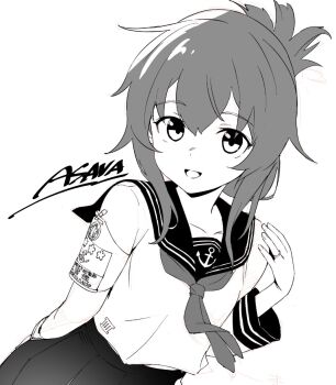 Rule 34 | 1girl, armband, artist name, asava (hutaitenn), commentary request, folded ponytail, greyscale, highres, inazuma (kancolle), kantai collection, long hair, monochrome, neckerchief, pleated skirt, sailor collar, sailor shirt, school uniform, serafuku, shirt, skirt, smile, solo, upper body