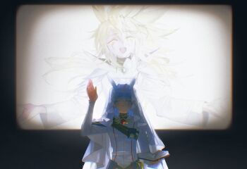 2boys alien_888 antenna_hair arm_up armor behind_another black_background black_shirt blonde_hair blue_hair book closed_eyes coat commentary english_commentary facing_viewer film_grain happy highres holding holding_book hood hood_up indoors jacket kuaidul_velgear male_focus multiple_boys open_book open_hand open_mouth outstretched_arm praying projector radio robe scabbard screen sepia sheath shirt shoulder_armor spiked_hair sword trench_coat walkie-talkie weapon white_hood white_jacket white_robe white_shirt yu-gi-oh! yu-gi-oh!_go_rush!! yudias_velgear