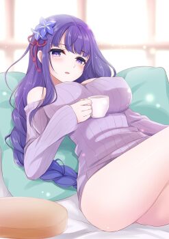 1girl alternate_costume ass ass_focus bare_shoulders blunt_bangs blurry blurry_background blush braid breasts commentary contemporary covered_erect_nipples cup depth_of_field flower flower_ornament genshin_impact gluteal_fold hair_flower hair_ornament head_tilt holding holding_cup huge_breasts knees_up leaning_back light_particles long_braid long_hair long_sleeves looking_at_viewer minakami_rinka mole mole_under_eye mug off_shoulder on_bed open_mouth pillow puffy_nipples purple_eyes purple_hair raiden_shogun single_braid solo sweater thighs upper_body window