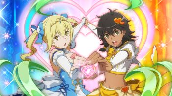 2girls :d aiz_wallenstein anime_coloring black_hair blonde_hair blue_bow blue_dress bow breasts crop_top danmachi_battle_chronicle dark-skinned_female dark_skin dress dungeon_ni_deai_wo_motomeru_no_wa_machigatteiru_darou_ka earrings elbow_gloves fingerless_gloves game_cg gloves gold_tiara green_eyes hair_between_eyes hair_bow hair_ornament heart heart_hair_ornament heart_hands heart_hands_duo highres holding_hands jewelry long_hair looking_at_viewer magical_girl midriff multiple_girls non-web_source official_alternate_costume official_alternate_hairstyle official_art open_mouth puffy_short_sleeves puffy_sleeves shirt short_hair short_sleeves single_sidelock small_breasts smile tiona_hyryute twintails white_gloves white_shirt yellow_bow yellow_eyes