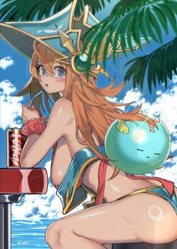 1girl adapted_costume bare_shoulders blue_eyes blush_stickers breasts brown_hair can commission drink_can drinking_straw duel_monster hair_between_eyes hat highres holding holding_drinking_straw large_breasts long_hair magician&#039;s_valkyria midriff scrunchie senjo sideboob sitting skeb_commission soda_can swimsuit watermark wizard_hat wrist_scrunchie yu-gi-oh!