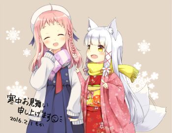 2girls ahoge animal_ear_fluff animal_ears blue_dress blunt_bangs blunt_tresses braid brown_background closed_eyes commentary_request cowboy_shot dated dress fang floral_print floral_print_kimono flower fox_ears fox_girl fox_tail hair_flower hair_ornament hair_ribbon hat jacket japanese_clothes kimono long_hair long_sleeves motohara_moka multiple_girls obi open_clothes open_jacket open_mouth original pink_hair pointing print_kimono purple_scarf red_kimono ribbon sash scarf sidelocks simple_background single_braid sleeves_past_wrists snowflakes striped_clothes striped_scarf tail tail_wagging translation_request tress_ribbon white_flower white_hair white_hat white_jacket wide_sleeves yellow_eyes yellow_scarf