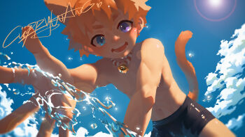 1boy animal_ears bell cloud cloudy_sky currywang heterochromia male_focus male_swimwear open_mouth orange_hair original outstretched_arm short_hair shota signature sky solo swim_trunks tail topless_male