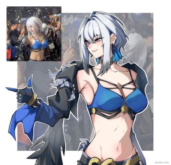 1girl absurdres bare_shoulders blue_bra blue_hair bra breasts colored_inner_hair galbrena_(wuthering_waves) grey_hair grin highres juliet_sleeves long_sleeves medium_breasts multicolored_hair navel off_shoulder pointing puffy_sleeves remi_(ramiillion) short_hair sidelocks smile stomach underwear upper_body wuthering_waves