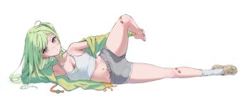 1girl absurdres bandaid bandaid_on_leg bare_shoulders breasts cleavage closed_mouth crocs full_body green_hair green_jacket grey_shorts highres jacket kitsune_hero long_hair looking_at_viewer lying multicolored_eyes navel on_side open_clothes open_jacket shorts simple_background single_bare_foot socks solo stellive stomach virtual_youtuber white_background white_socks yuzuha_riko