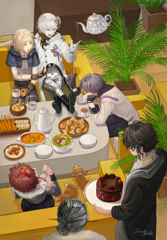 1other 2girls 3boys anger_vein beagle black_boots black_coat black_hair black_shorts blonde_hair blue_cloak blue_eyes booth_seating boots bowl brown_gloves brown_pants cake chocolate_cake cloak coat colored_tips commentary crossed_legs cup dim_sum dog dress english_commentary enigma_(reverse:1999) ezra_theodore facing_another feet_on_table food from_above fruit gloves grey_dress grey_gloves grey_hair grey_pants hair_bun highres holding holding_cup holding_tray index_finger_raised indoors lucy_(reverse:1999) medicine_pocket mesmer_jr. metal_hair mug multicolored_hair multiple_boys multiple_girls pants plant potted_plant pouring reverse:1999 robot_girl sandkessho shirt short_hair shorts sitting strawberry strawberry_cake table teapot tray white_coat white_gloves white_hair white_shirt wooden_floor x_(reverse:1999) yellow_eyes