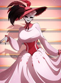 1girl aisu_roaile black_eyes commentary dress hazbin_hotel hellaverse highres long_dress looking_at_viewer rosie_(hazbin_hotel) shirt short_hair solo white_dress white_hair