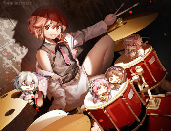 5girls alternate_size artist_name belt biwa_lute black_shirt blue_hair brown_eyes brown_hair chibi chinese_commentary collared_shirt commentary_request dated dress drum drumsticks flower fox_mask furahata_gen grin hair_flower hair_ornament hata_no_kokoro highres holding holding_drumsticks horikawa_raiko instrument jacket karakasa_obake long_hair long_sleeves looking_at_viewer lute_(instrument) mask mask_on_head mini_person minigirl multiple_girls necktie one_eye_closed open_clothes open_jacket open_mouth paid_reward_available pink_hair purple_hair purple_necktie purple_umbrella red_eyes red_hair shirt sitting skirt sleeveless sleeveless_shirt smile tatara_kogasa touhou tsukumo_benben tsukumo_yatsuhashi umbrella very_long_hair white_jacket white_skirt yellow_dress
