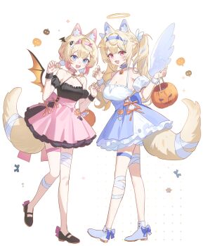 2girls absurdres alternate_costume alternate_hairstyle angel_and_devil angel_wings animal_ear_fluff animal_ears aqua_choker aqua_eyes aqua_hair aqua_nails aqua_skirt bare_shoulders blush bon_(bony_53) breasts choker cleavage collarbone commentary demon_wings detached_sleeves dog_ears dog_girl dog_tail english_commentary fake_horns full_body fuwawa_abyssgard ghost_hair_ornament hair_between_eyes hair_ornament halloween halloween_bucket halloween_costume halo highres hololive hololive_english horned_headwear horns long_hair looking_at_viewer medium_breasts mococo_abyssgard multiple_girls open_mouth pink_choker pink_eyes pink_hair pink_nails pink_skirt short_hair short_sleeves siblings simple_background sisters skirt small_breasts smile tail thigh_strap twins twintails virtual_youtuber white_background wings yellow_halo