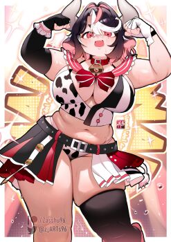 1girl animal_ears animal_print artist_name bell belt black_gloves blush border breasts cleavage clenched_hands collar commentary commission cow_print ear_tag elbow_gloves english_commentary fingerless_gloves gloves hair_intakes hani_hanwoo highres horns huge_breasts indie_virtual_youtuber looking_at_viewer medium_hair mole mole_under_eye navel neck_bell open_mouth outline paid_reward_available patreon_logo pleated_skirt plump red_collar single_elbow_glove single_thighhigh skindentation skirt solo sweat tareme thick_arms thick_thighs thighhighs thighs twitter_username variant_set virtual_youtuber white_border white_gloves white_hair white_outline white_tail zasshu
