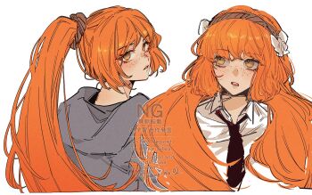 1girl black_necktie border bow brown_hairband collared_shirt commentary_request crossed_bangs freckles from_behind grey_hoodie hair_between_eyes hair_bow hair_ornament hairband high_ponytail hood hoodie ishmael_(project_moon) limbus_company lips long_hair looking_at_viewer looking_back looking_up multiple_views necktie open_mouth orange_hair ponytail project_moon shirt simple_background teeth upper_body vx7givcony78710 watermark white_background white_border white_bow white_shirt yellow_eyes