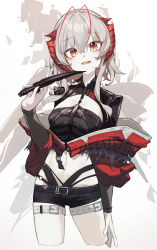 Rule 34 | 1girl, absurdres, antenna hair, arknights, arm at side, belt, beudelb, black shirt, black shorts, breasts, commentary, cropped legs, cross-shaped pupils, english commentary, grey hair, highres, holding, holding knife, horns, jacket, knife, looking at viewer, medium breasts, multicolored hair, off shoulder, open mouth, red hair, red jacket, shirt, short hair, shorts, simple background, stomach, streaked hair, symbol-shaped pupils, thigh belt, thigh strap, white background, wis&#039;adel (arknights), yellow eyes