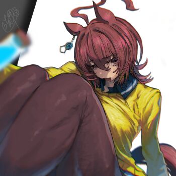 1girl agnes_tachyon_(umamusume) ahoge animal_ears black_pantyhose blush brown_hair chemical_structure cork ear_ornament earrings highres horse_ears horse_girl horse_tail huge_ahoge jewelry knees_up medium_hair open_mouth pantyhose red_eyes rinka_(tonariuta) shirt_under_sweater single_earring sitting solo sweater tail test_tube umamusume wolf_cut yellow_sweater