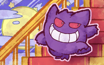 cloud commentary_request full_body full_moon gen_1_pokemon gengar grin highres moon nintendo no_humans on_stairs outline pokemon pokemon_(creature) pokemon_focus purple_outline railing shooting_star_(symbol) smile solo stairs suke_(sk_srn) teeth