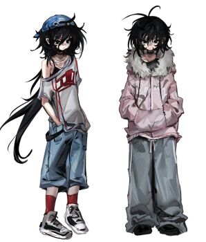 1girl antenna_hair backwards_hat baggy_pants baseball_cap black_choker black_eyes black_hair blue_hat blue_pants choker closed_mouth cloud_(lufaeris) commentary denim english_commentary full_body fur-trimmed_jacket fur_trim grey_pants hair_between_eyes hands_in_pockets hat highres jacket jeans looking_at_viewer messy_hair multiple_views original pants pink_jacket red_socks shirt shoes simple_background single_bare_shoulder socks white_background white_shirt white_shoes