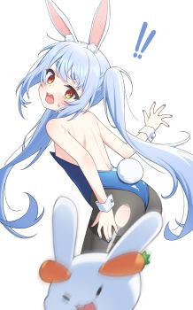 ! !! 1girl animal_ear_fluff animal_ears bare_shoulders blue_hair blue_nails blush carrot_hair_ornament food-themed_hair_ornament hair_ornament hand_on_own_thigh highres hololive leotard long_hair looking_at_viewer looking_back nail_polish open_mouth pantyhose pekomon_(usada_pekora) playboy_bunny rabbit-shaped_pupils rabbit_ears rabbit_girl rabbit_tail short_eyebrows sidelocks solo strapless strapless_leotard sweatdrop symbol-shaped_pupils tail thick_eyebrows torn_clothes torn_pantyhose twintails ugaaaa1 usada_pekora virtual_youtuber white_background wrist_cuffs