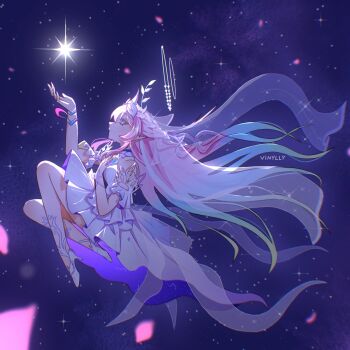 1girl aqua_hair artist_name breasts bridal_veil commentary cyrene_(demiurge)_(honkai:_star_rail) cyrene_(honkai:_star_rail) dress earrings english_commentary full_body gradient_hair halo high_heels highres honkai:_star_rail honkai_(series) jewelry laurel_crown long_hair medium_breasts multicolored_hair pink_hair planetary_ring pointy_ears solo space star_(sky) two-tone_hair veil very_long_hair vinyl_0 white_dress