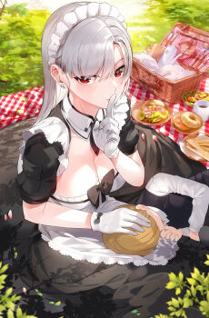 1boy 1girl apron black_dress blonde_hair bow breasts cleavage coffee_pot collar commentary_request cup donut dress earrings finger_to_mouth food fork frilled_apron frills gloves grass highres jewelry kfr kneeling lap_pillow large_breasts leaf long_hair looking_at_viewer maid maid_apron maid_headdress original picnic picnic_basket plate puffy_short_sleeves puffy_sleeves red_eyes salad sandwich shirt short_sleeves shushing silver_hair sleeping sleeping_on_person waist_apron white_gloves