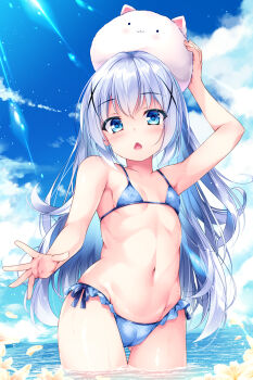 1girl angora_rabbit animal animal_on_head bikini blue_bikini blue_eyes blue_hair blue_sky breasts cameltoe chestnut_mouth cloud covered_erect_nipples day frilled_bikini frills gluteal_fold gochuumon_wa_usagi_desu_ka? hair_ornament highres horizon inuneko kafuu_chino ocean on_head outdoors rabbit rabbit_on_head sky small_breasts solo swimsuit tippy_(gochiusa) wading water x_hair_ornament