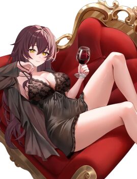 Rule 34 | 1girl, babydoll, black babydoll, breasts, brown hair, cleavage, commentary request, couch, covered navel, cup, drinking glass, eden (honkai impact), gift art, highres, holding, holding cup, honkai (series), honkai impact 3rd, korean commentary, large breasts, long hair, looking at viewer, on couch, simple background, smile, solo, thighs, very long hair, wakum, white background, wine glass, yellow eyes
