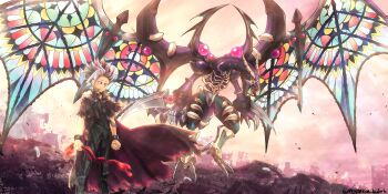 1boy 1other absurdres black_boots black_pants blue_hair bone boots bracelet cape claws commentary_request dark_requiem_xyz_dragon dragon dragon_horns feet_out_of_frame forehead highres horns jewelry mendako_(user_ehek4527) multicolored_hair pants purple_cape purple_hair ribs short_sleeves standing ute_(yu-gi-oh!) western_dragon yellow_eyes yu-gi-oh! yu-gi-oh!_arc-v