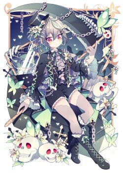 1boy ascot black_boots black_hat black_jacket black_ribbon black_shorts bone boots brown_ascot brown_gloves brown_thighhighs bug butterfly closed_mouth coffin commentary cross flower frilled_boots frilled_sleeves frills full_body gloves green_hair grey_hair hair_between_eyes hair_ornament hat hat_flower hat_ornament high_heel_boots high_heels holding holding_staff hyou_(pixiv3677917) insect jacket lace-up_boots long_sleeves looking_at_viewer male_focus multicolored_hair neck_ribbon open_clothes open_jacket original red_eyes ribbon short_hair shorts signature sitting skull skull_hat_ornament solo staff streaked_hair symbol-only_commentary thighhighs two-tone_hair white_flower wide_sleeves x_hair_ornament