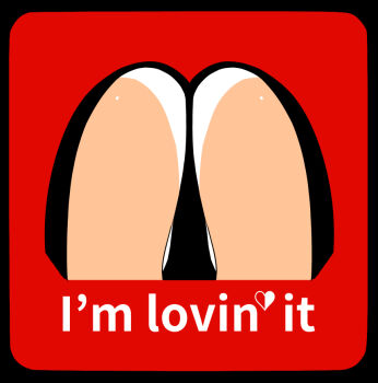 ass ass_focus dark_skin english_text heart huge_ass leotard logo lovelovemaid mcdonald&#039;s mizuki_yukikaze one-piece_tan parody partially_visible_vulva red_background shiny_skin skindentation solo taimanin_(series) taimanin_rpgx taimanin_yukikaze tan tanline thong thong_leotard what white_background wide_hips