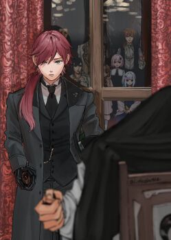 2boys black_coat black_gloves black_necktie black_suit blurry blurry_foreground coat curtains depth_of_field expressionless formal_clothes fushimi_gaku gloves green_eyes hanabatake_chaika highres kagami_hayato koze_niire lauren_iroas lize_helesta long_hair looking_at_viewer low_ponytail makaino_ririmu male_focus multiple_boys necktie nijisanji open_clothes open_coat ponytail red_hair shiina_yuika suit upper_body window